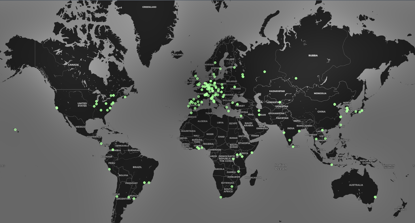 Indico's 300 active servers shown on a worldmap