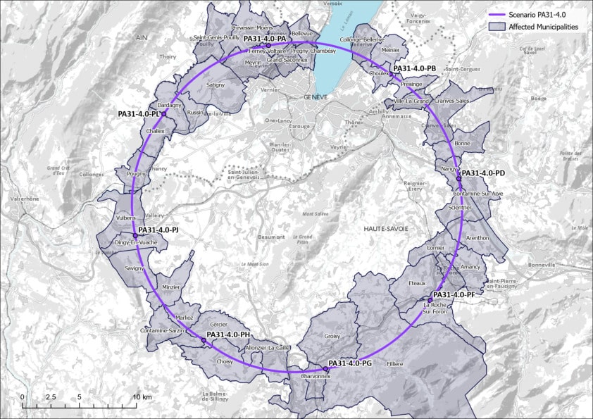 Carte de la région montrant l'emplacement potentiel du tunnel du FCC